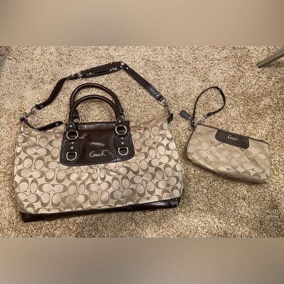 COACH Tan/Brown Ashley Signature Satin Satchel 2WAY Convertible Detachable Strap - Picture 7 of 14